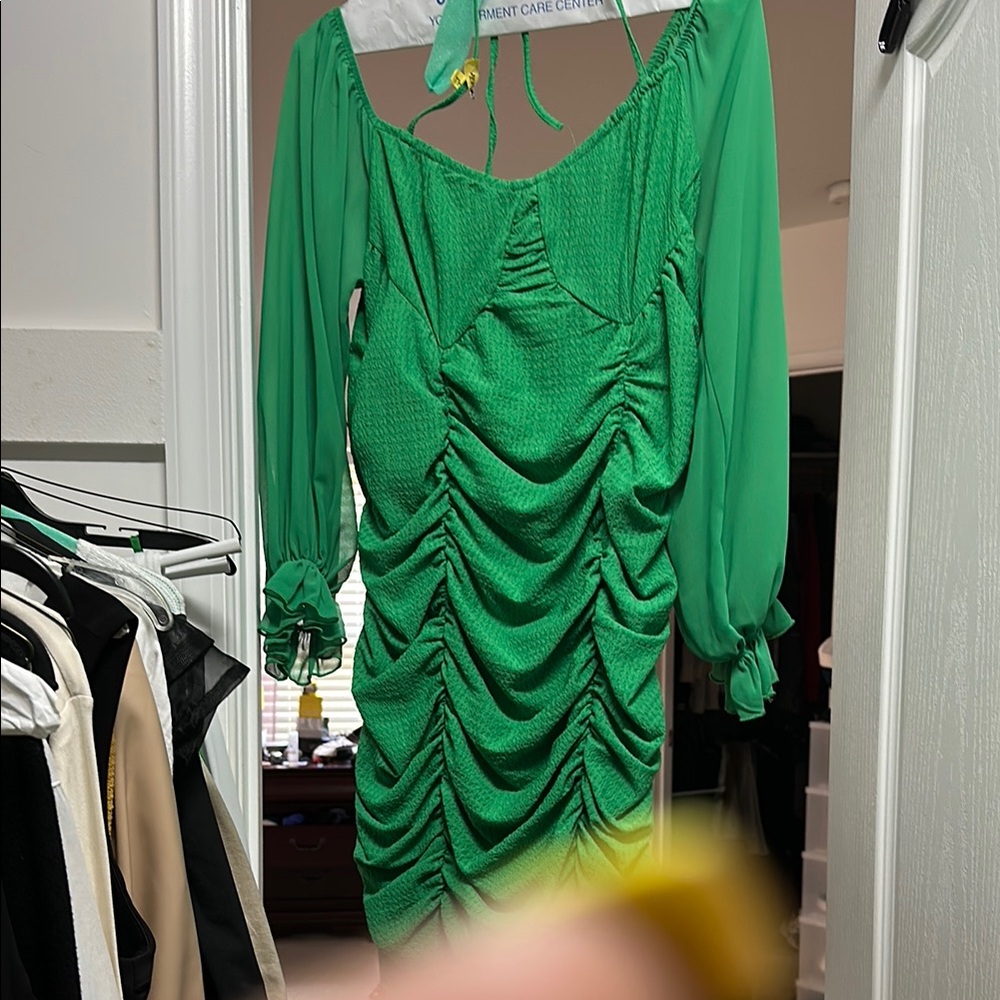 SHEIN Green Ruched Bodycon Dress with Bishop Sleeves